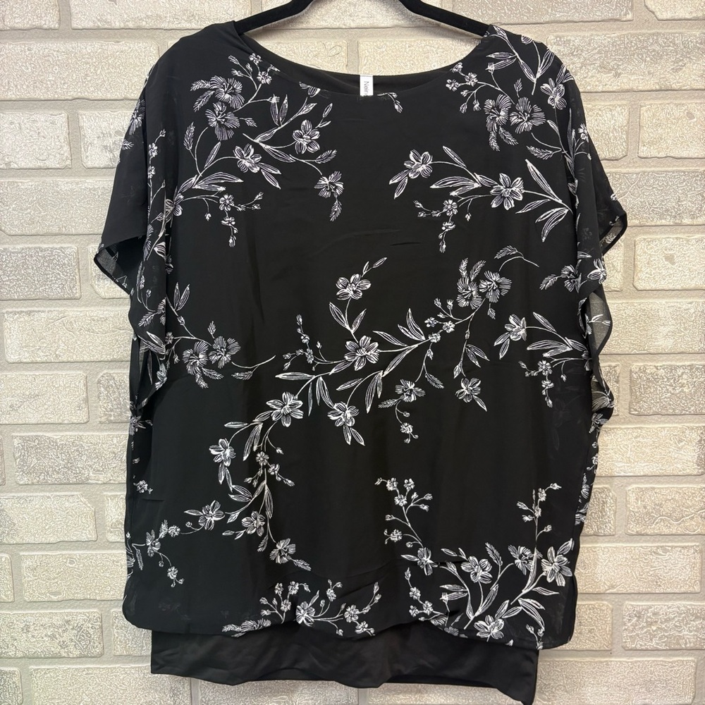 Black Floral Layered Flutter-Sleeve Chiffon Blouse Size XL